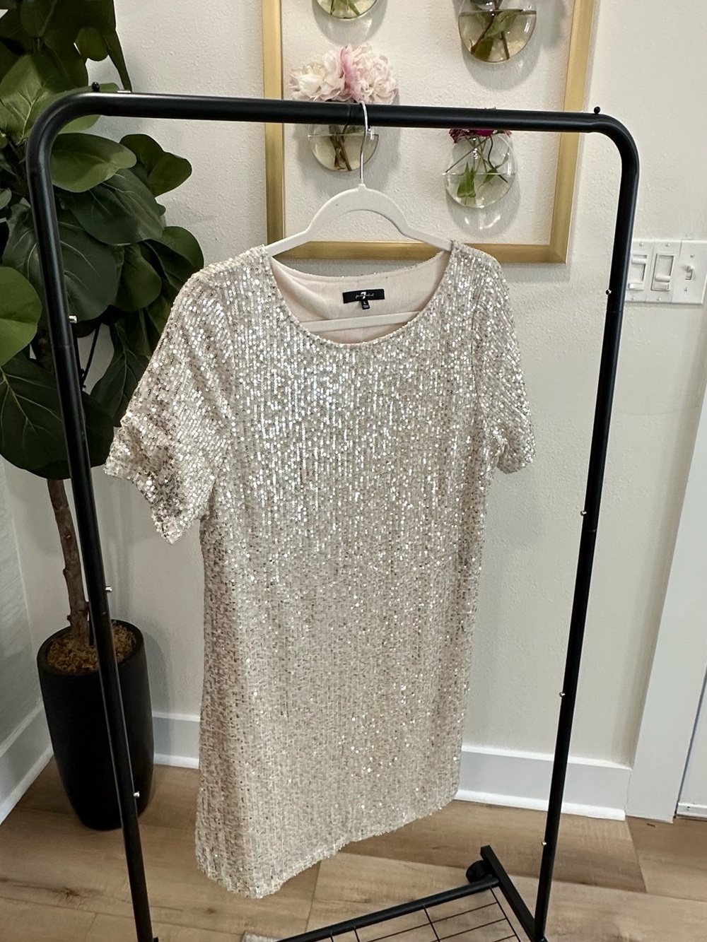 7 For All Mankind Sequin T-Shirt Mini Dress | Size L | Champagne Silver